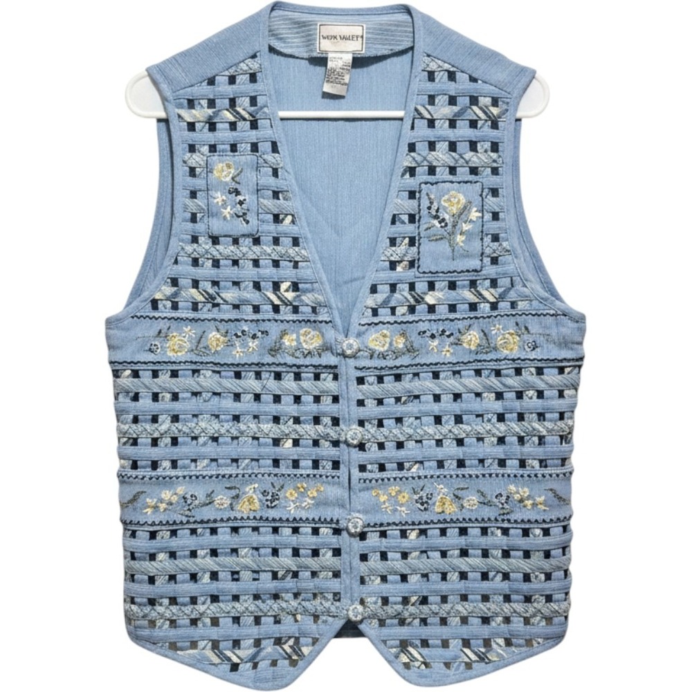 Napa Valley Vest Women Large Blue Floral Embroidered Lattice Cottagecore Grandma